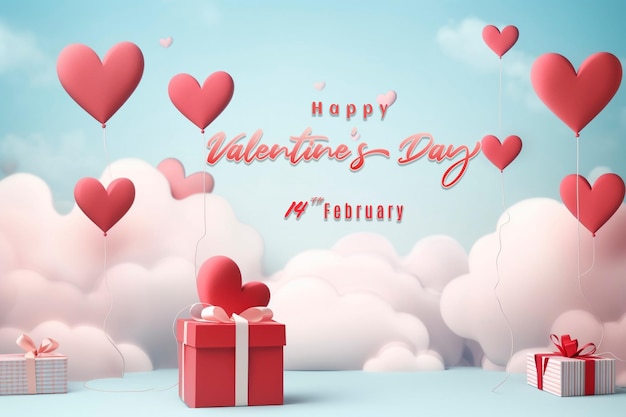 Gift boxes with heart balloon floating it the sky Happy Valentine's Day banners paper art style