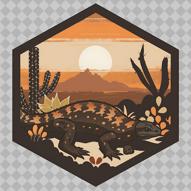 PSD gila monster inside a silhouette hexagon desert adorned with png watercolor wild life collections