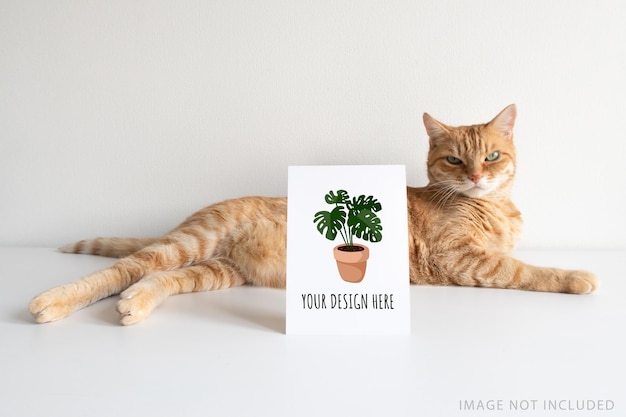 Ginger cat with vertical postcard mockup