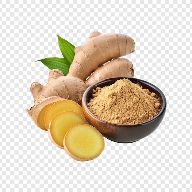 Ginger powder with slices isolated on transparent background