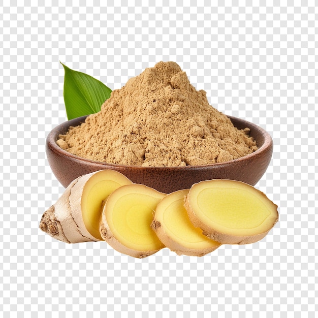 Ginger powder with slices and leaf isolated on transparent background