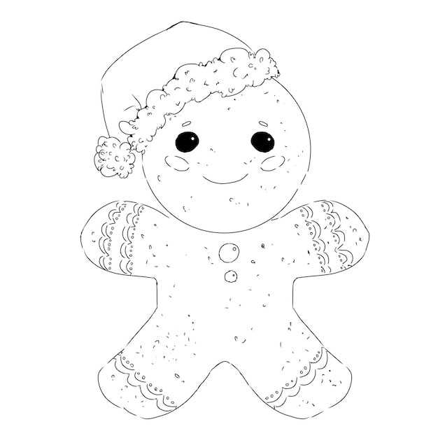 PSD gingerbread christmas man in santa claus hat graphic black and white line illustration print engravi