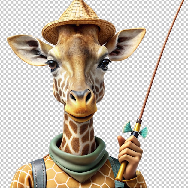 PSD giraffe fisherman with fishing rod clear on transparent background