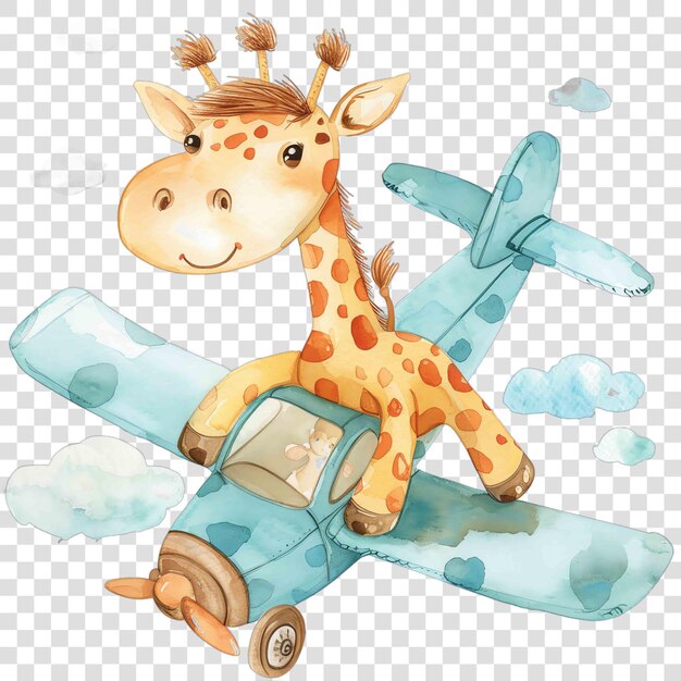 PSD giraffe flying on a plane cartoon hand drawn nuresery watercolor