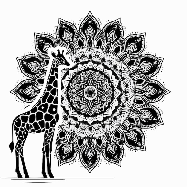 a giraffe is standing in front of a design that says giraffe