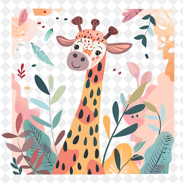 a giraffe is surrounded by plants and flowers