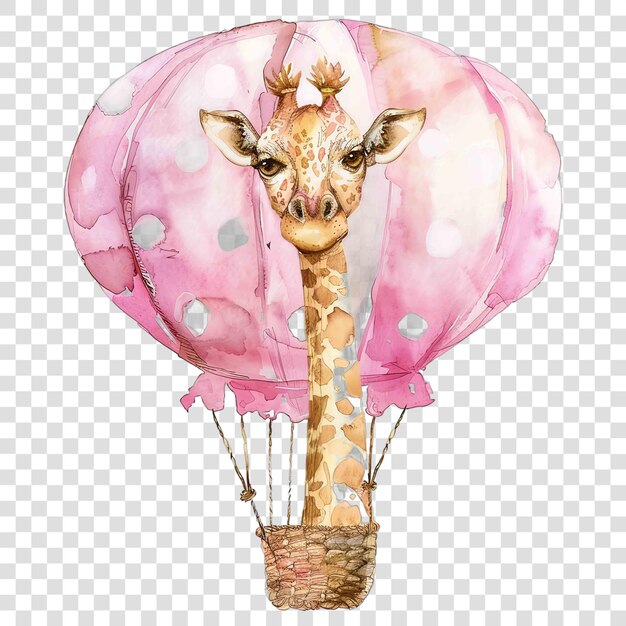 PSD giraffe on pink hot air balloon nuresery watercolor