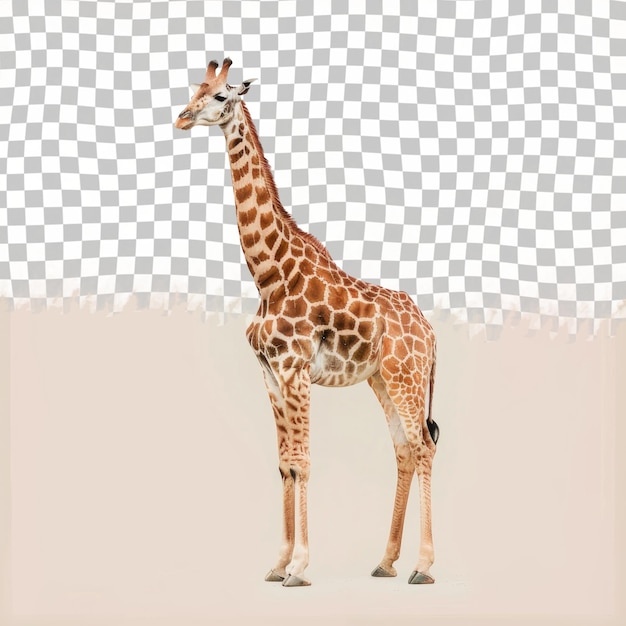 a giraffe stands in front of a wall with a building in the background