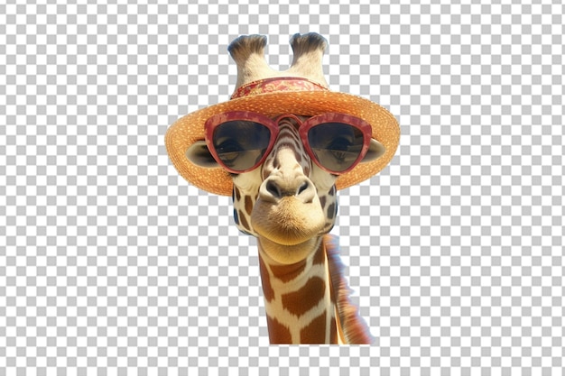 Giraffe with sunglasses and sun hat on Transparent background High quality Realistic image