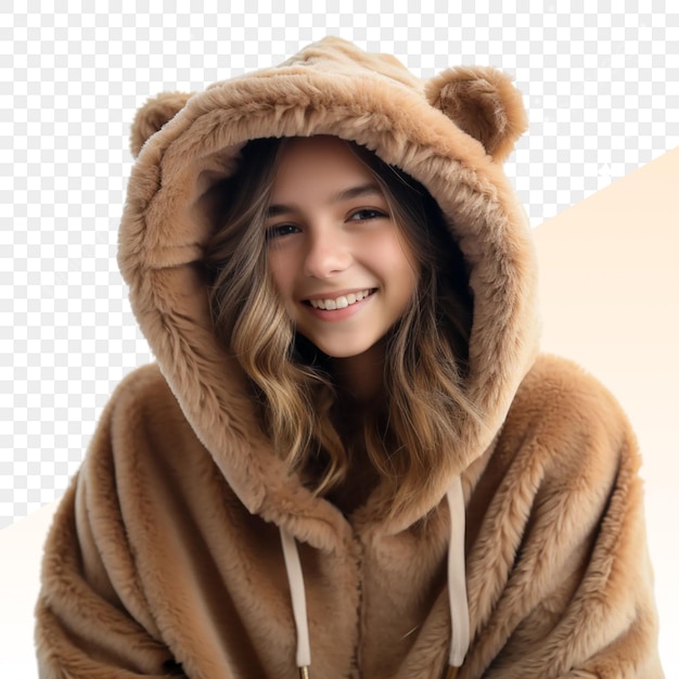 PSD a girl in a bear suit with a brown fur coat