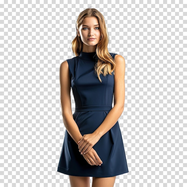 a girl in a blue dress with a black belt