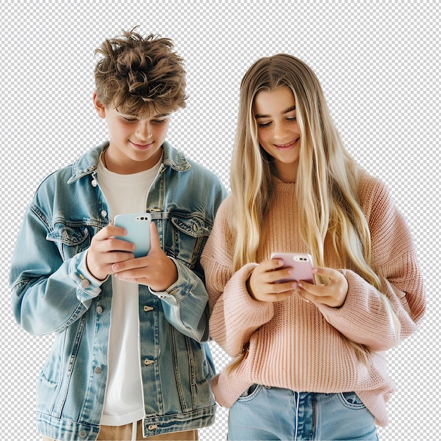 a girl and a boy are looking at their phones