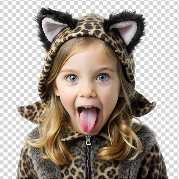 PSD girl in cat costume showing tongue isolated on transparent background