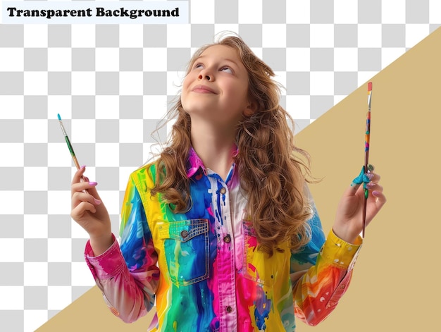 PSD a girl in a colorful shirt is holding up a pair of scissors