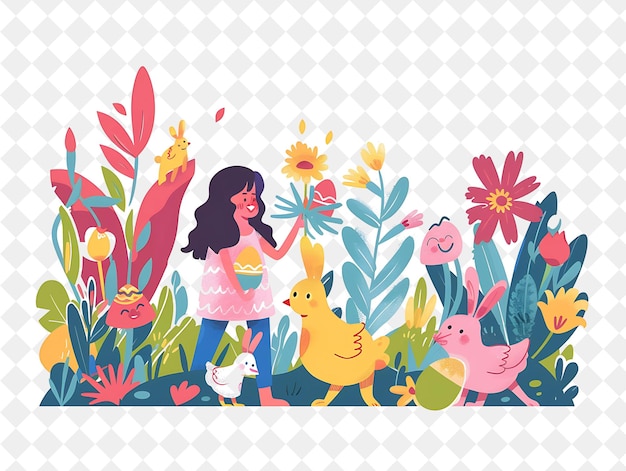 a girl in a flower garden with a bird and flowers