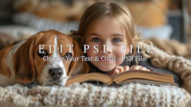 PSD girl and her beagle relaxing with a book