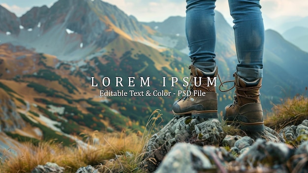 Girl hiking boots having fun and enjoying wonderful breathtaking mountain view Freedom concept