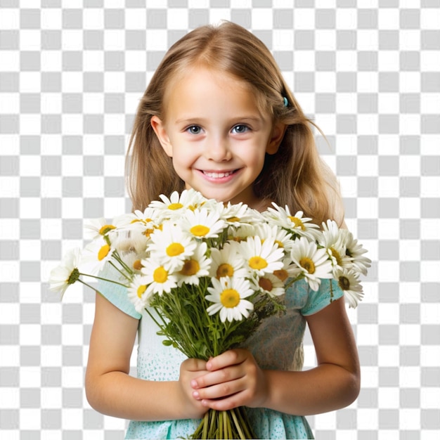 a girl holding a bouquet of daisies flowers on transparent background