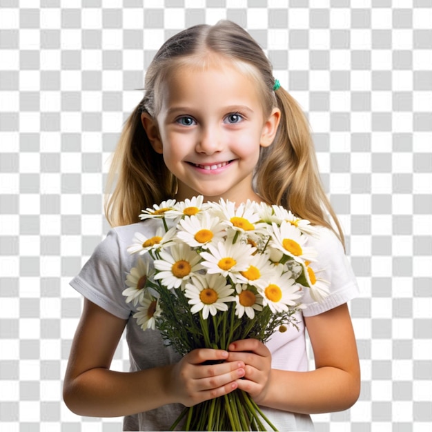 a girl holding a bouquet of daisies flowers on transparent background