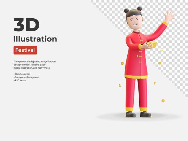 Girl holding gold sycee ingot celebrating chinese new year festival 3d render illustration