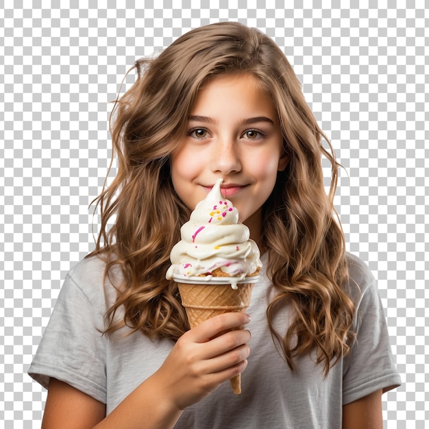 a girl holding an ice cream cone with a picture of a girl isolated on transparent background