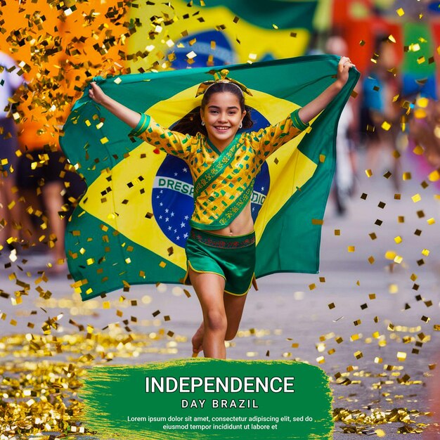 PSD a girl is running with a flag that says  independence