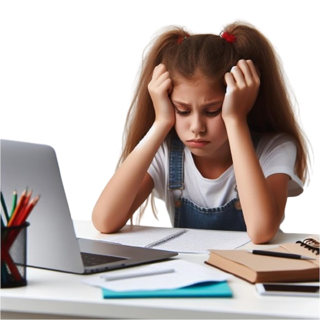 PSD a girl is sitting at a desk with a laptop and a notebook on it