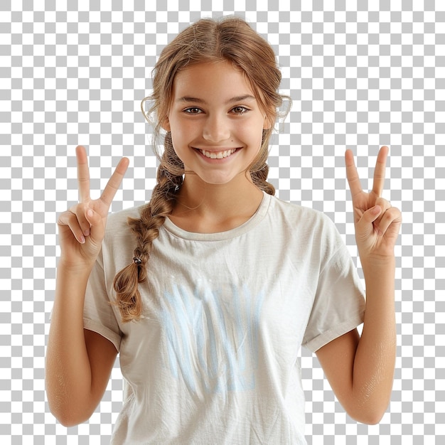 A girl is smiling and holding up her hands in a peace sign