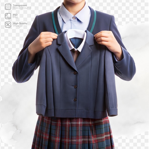 PSD a girl is wearing a blue jacket and plaid skirt