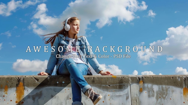 PSD girl listening to music in front of a blue sky