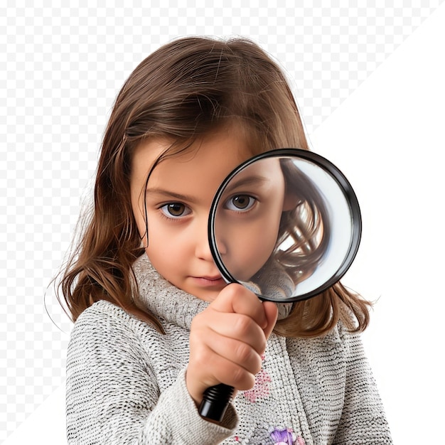 PSD girl looking through a magnifying glass isolated over a white isolated background