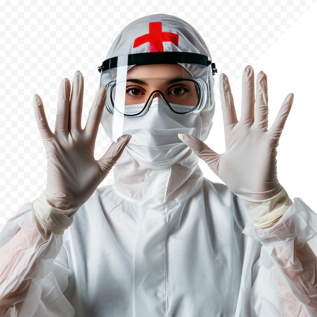 PSD girl in medical clothes wearing gloves and a mask shows a sign of prohibition