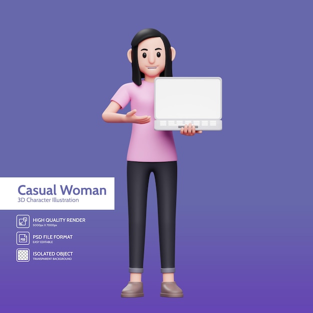 Girl offering product by showing laptop screen 3d render character illustration