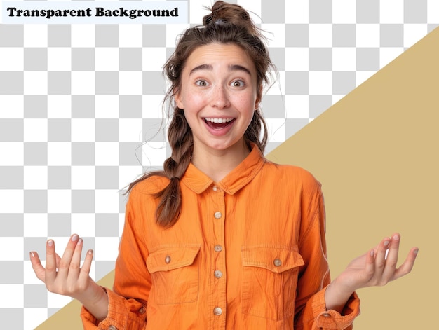 a girl in an orange shirt is holding her hands up