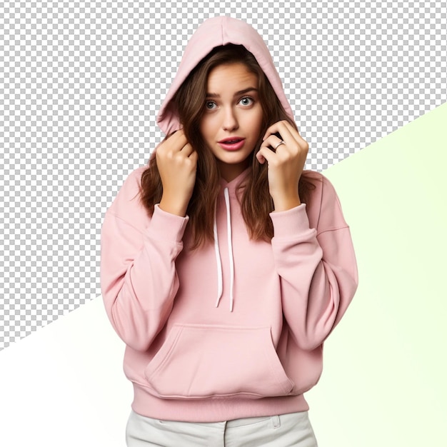 a girl in a pink hoodie is standing in front of a white background