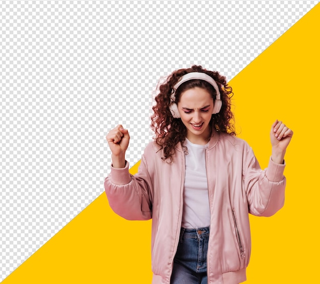 PSD a girl in a pink jacket with her arms raised in the air