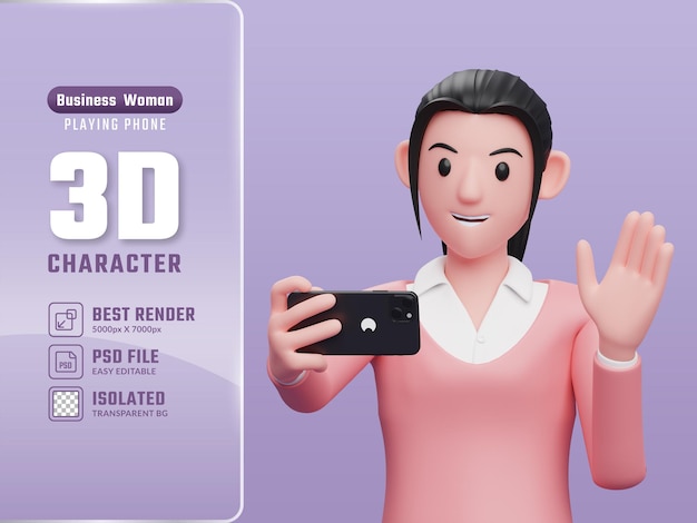 Girl in pink sweatshirt making a video call with a cell phone 3d render character illustration