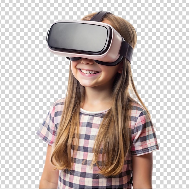 A girl in a plaid shirt is wearing a headset and smiling on transparent background