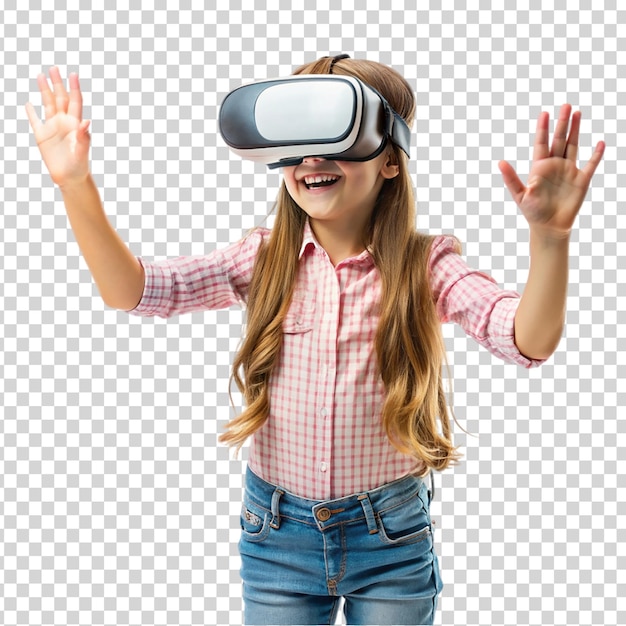 A girl in a plaid shirt is wearing a headset and smiling on transparent background