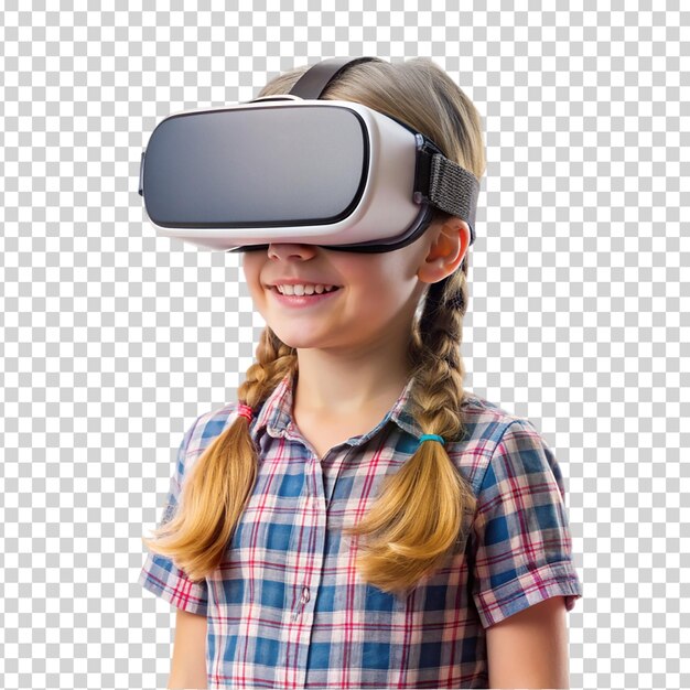 A girl in a plaid shirt is wearing a headset and smiling on transparent background