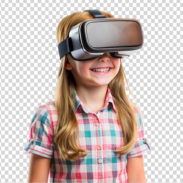 A girl in a plaid shirt is wearing a headset and smiling on transparent background