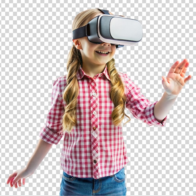 A girl in a plaid shirt is wearing a headset and smiling on transparent background