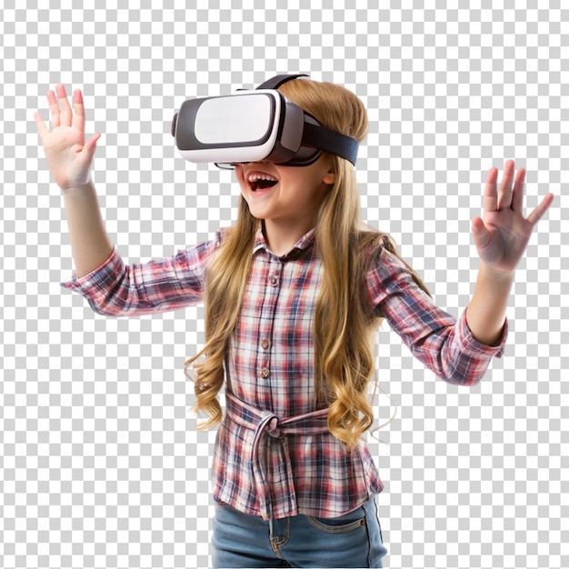 A girl in a plaid shirt is wearing a headset and smiling on transparent background