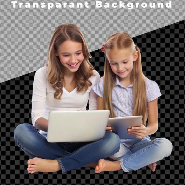 PSD girl playing with a tablet isolated on transparent background