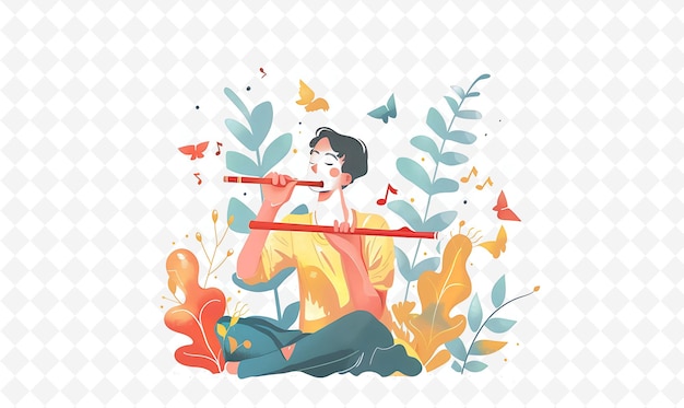 PSD a girl plays the flute with butterflies and butterflies