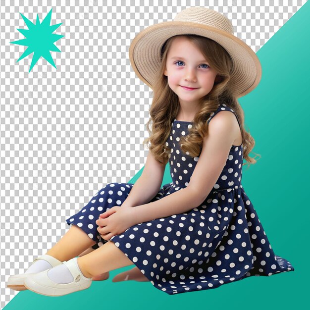 girl in polka dot dress and hat sitting on transparent background