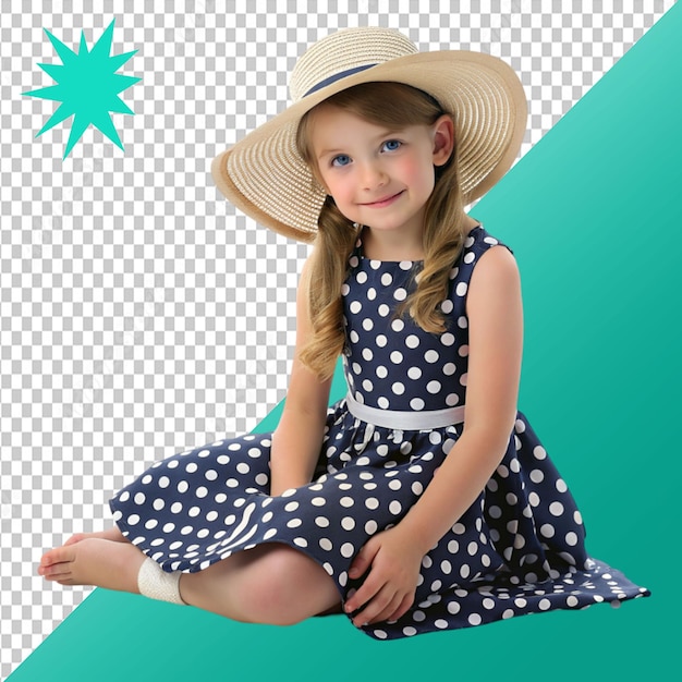 girl in polka dot dress and hat sitting on transparent background