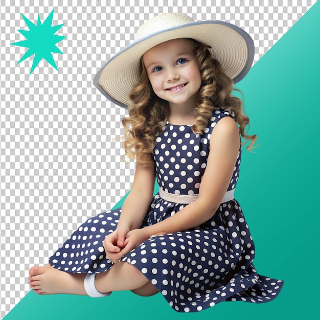 girl in polka dot dress and hat sitting on transparent background