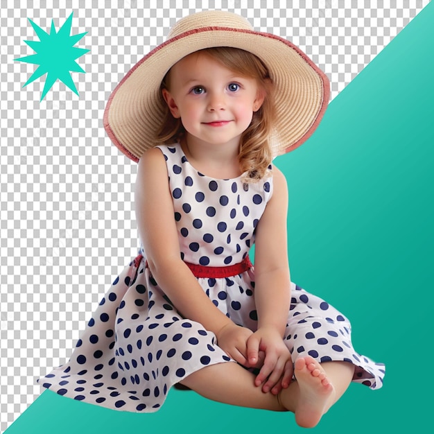 girl in polka dot dress and hat sitting on transparent background