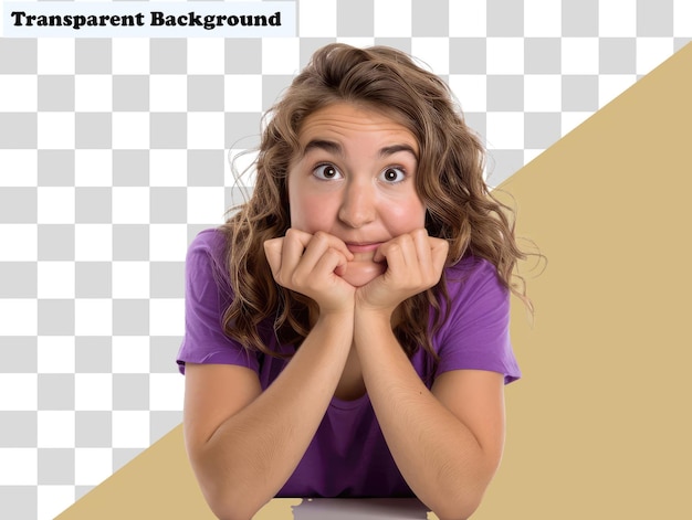 a girl in a purple shirt is sitting in front of a picture of a girl with her hands on her chin